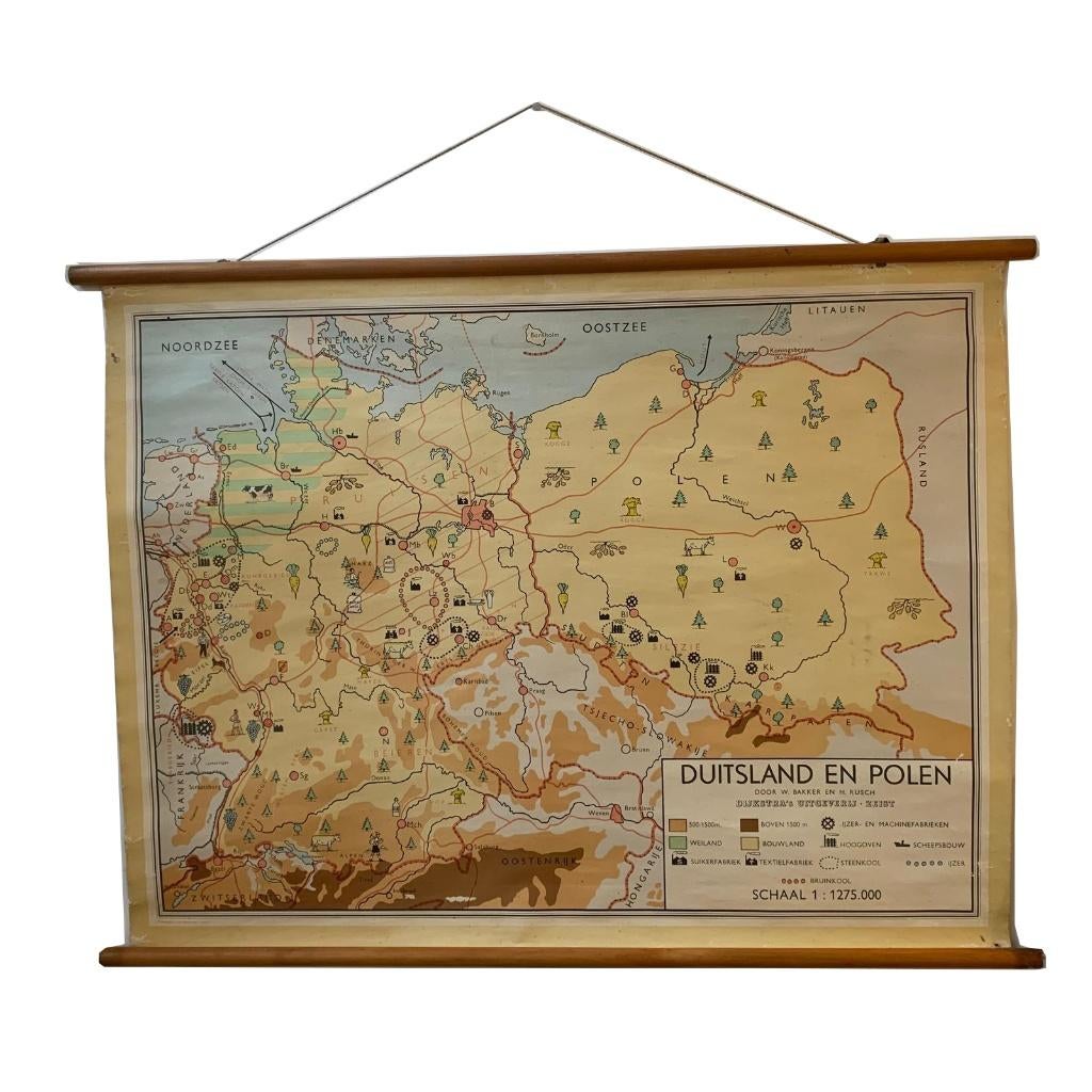 Oude linnen WANDKAART Duitsland Polen Dijkstra's Uitgeverij, Gebruikt, Overige typen, Ophalen of Verzenden, X
