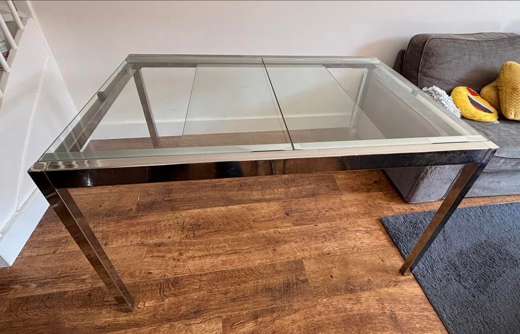 Uitschuifbare eettafel van aluminium en glas, Huis en Inrichting, Tafels | Eettafels, Ophalen, Gebruikt, 100 tot 150 cm, 50 tot 100 cm