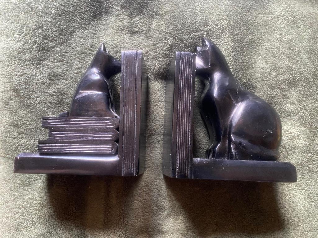 twee hardstenen boekensteunen, art deco, kat, poes, Ophalen of Verzenden, Gebruikt