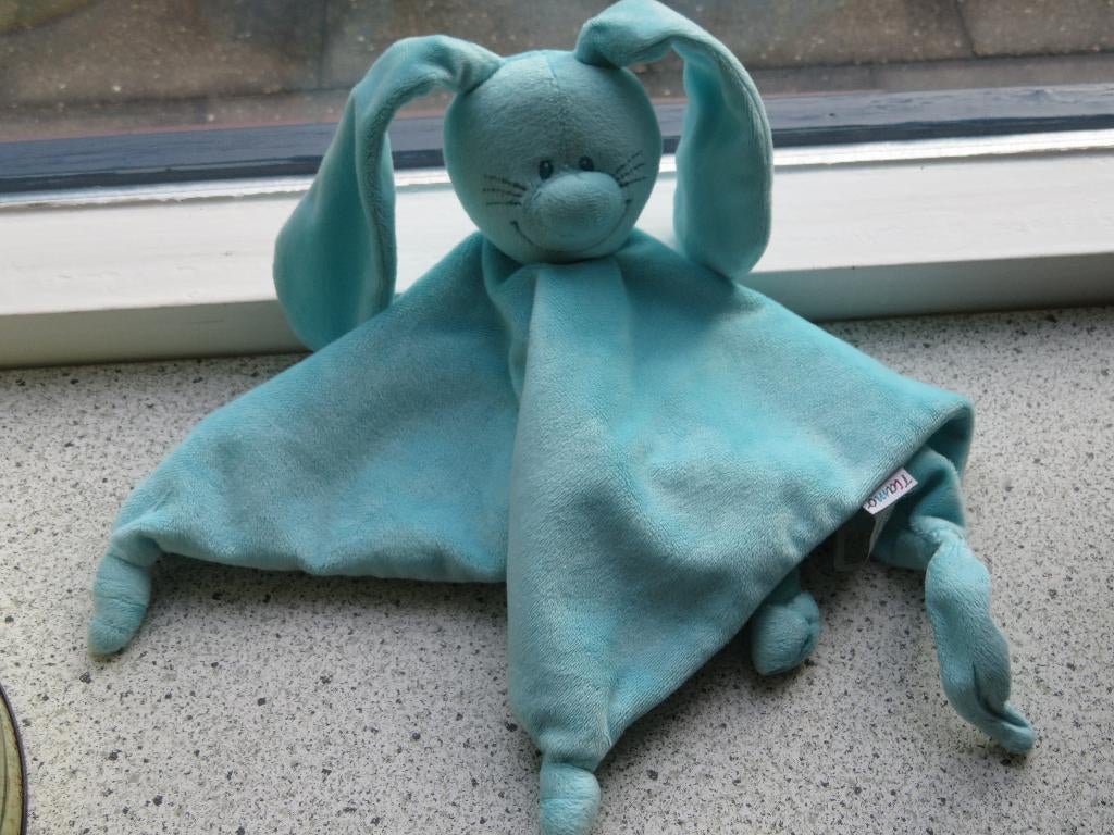 Knuffeldoek konijn Basic Bunny turqoise velours merk Tiamo, Ophalen of Verzenden, Zo goed als nieuw, Konijn