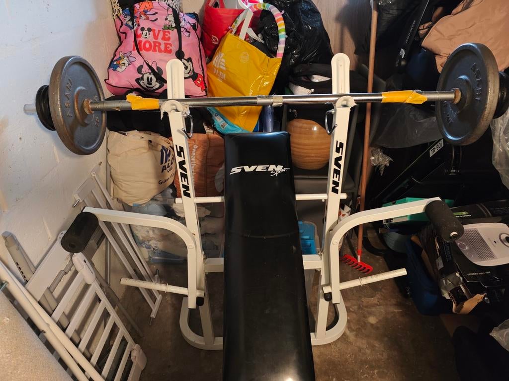 Sven Sport fitnessbank met halterstang en gewichten, Ophalen, Gebruikt, Armen, Fitnessbank