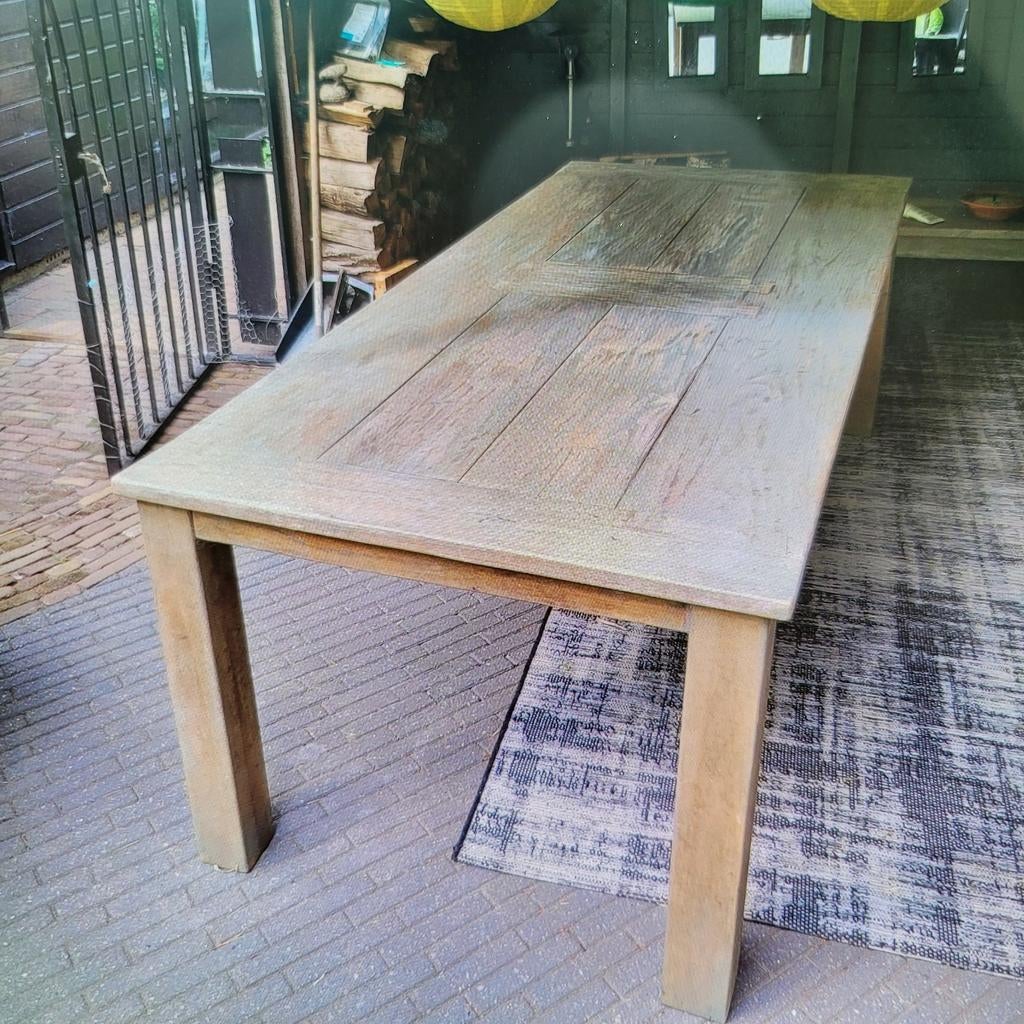 Mooi vergrijsd teakhouten tuintafel 220 x 76 cm 99  x 76 cm, Ophalen, Gebruikt, Rechthoekig, Teakhout