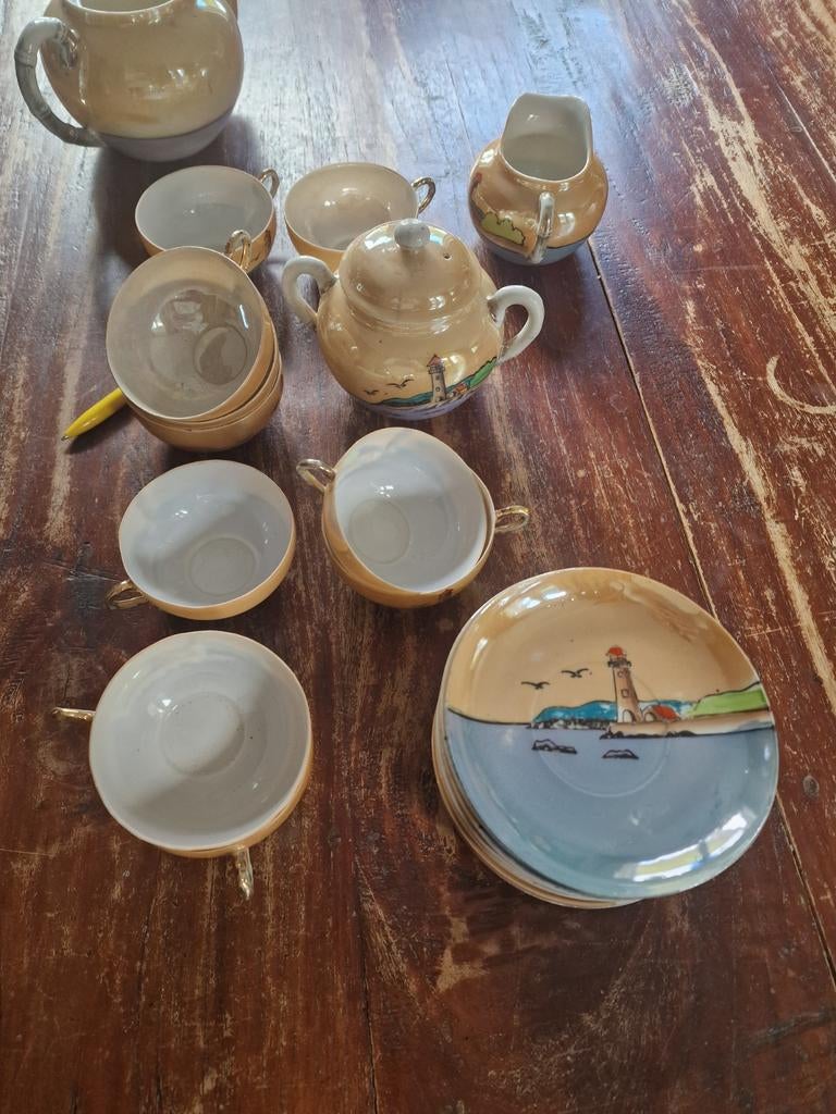 Vintage Chinees theeservies met vuurtoren decoratie, Ophalen