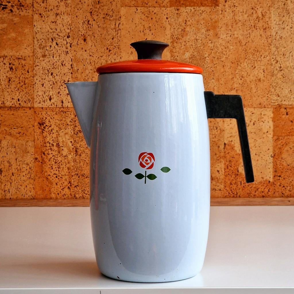 Vintage emaille koffiekan met roos decoratie, Antiek en Kunst, Antiek | Emaille, Ophalen of Verzenden