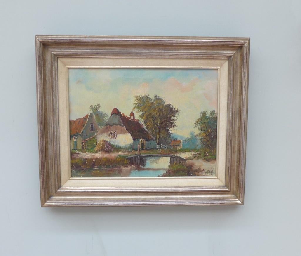 V. Dijk (XX) - Polderlandschap met boerderijen en brug, Antiek en Kunst, Kunst | Schilderijen | Klassiek, Ophalen of Verzenden