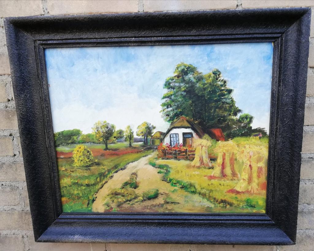 Boerderij met korenstoven. Olie/doek. 60/50 cm., Ophalen