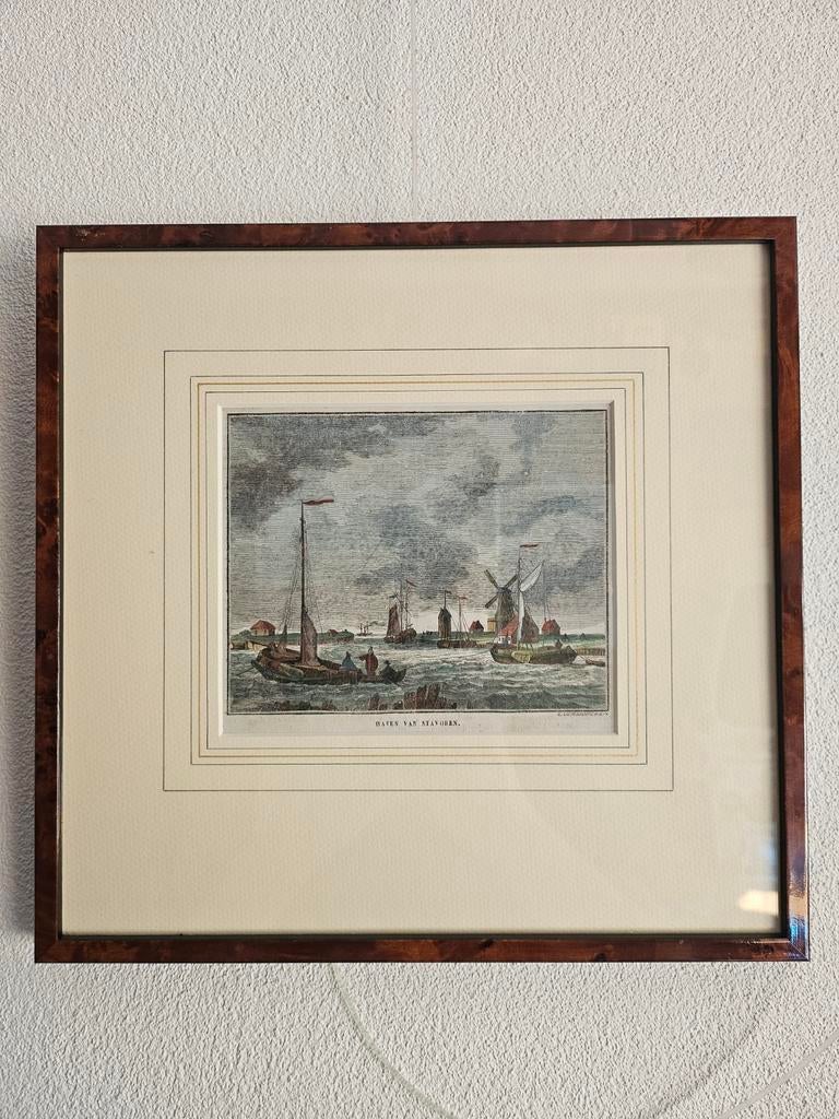 Antieke prent havengezicht Stavoren, handgekleurde gravure, 1800 - 1899, Stadsgezicht, Ophalen of Verzenden, Gravure