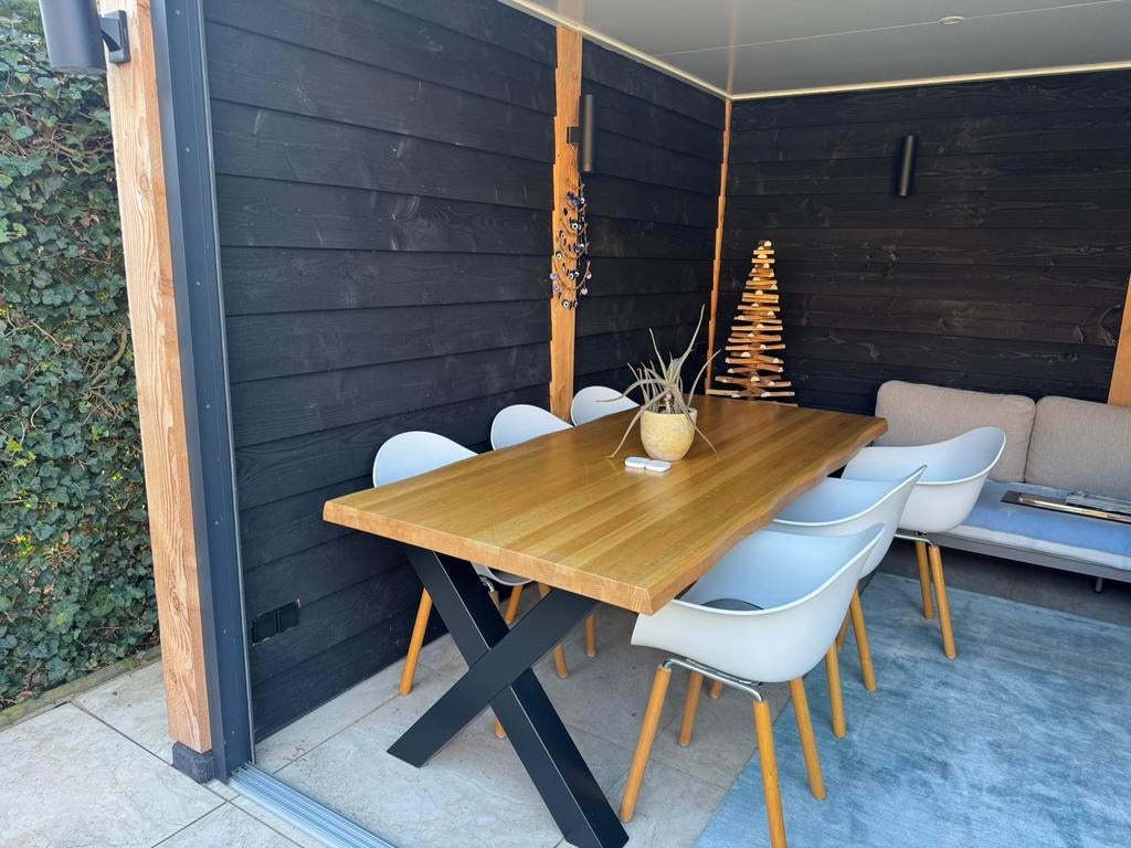 Zeer mooie en robuuste boomstam eettafel met stoelen, 100 tot 150 cm, Eikenhout, 200 cm of meer, Ophalen of Verzenden