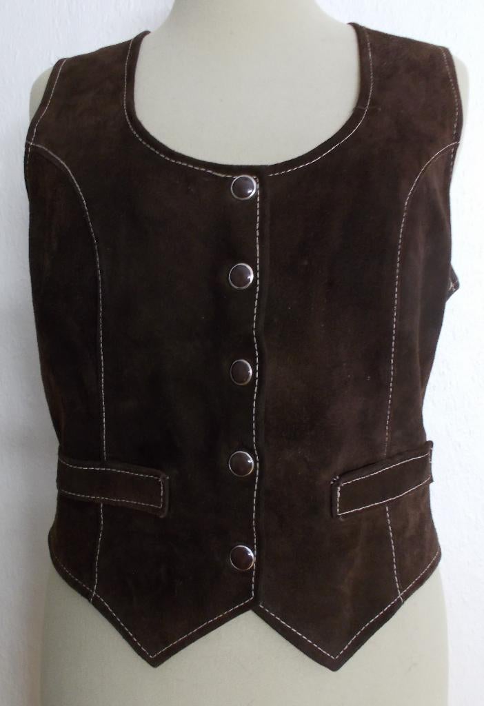 Trachten/folkore mooi bruin suede gilet! M, Kleding | Dames, Tops, Zo goed als nieuw, Maat 38/40 (M), Bruin, Zonder mouw, Verzenden