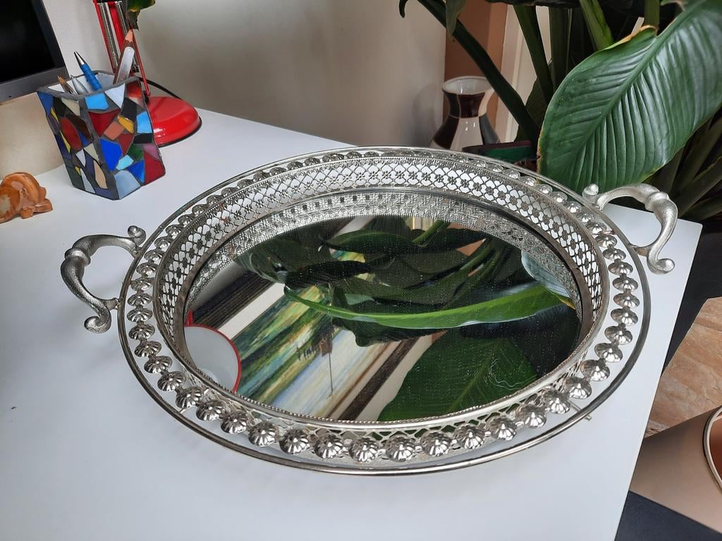 Schaal dienblad chroom 39 cm, Ophalen of Verzenden, Zo goed als nieuw, Rond, Metaal