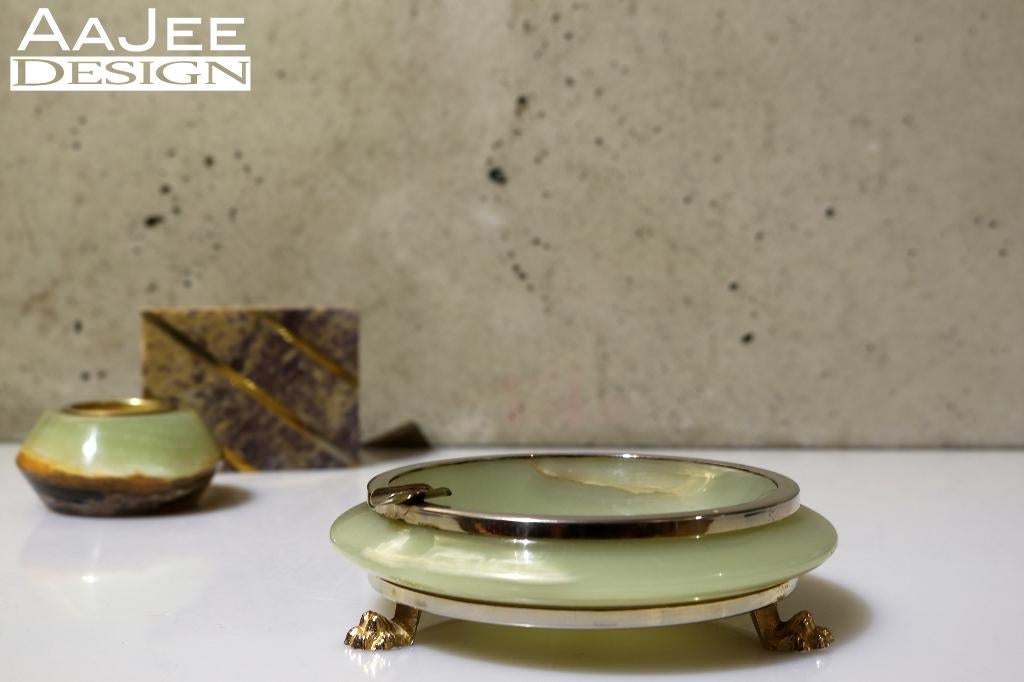 Vintage asbak - Onyx steen met messing - Op leeuwenpoten, Ophalen of Verzenden, Gebruikt, Asbak