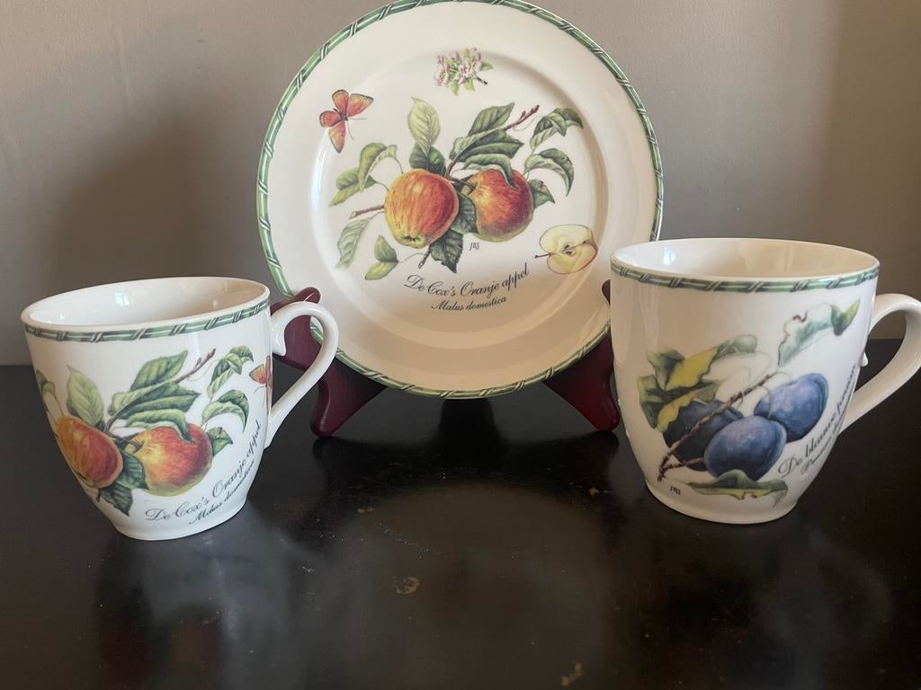 2 Janneke Brinkman botania mokken en 1 gebakbordje, Ophalen of Verzenden, Zo goed als nieuw, Overige stijlen, Kop(pen) en/of Schotel(s)