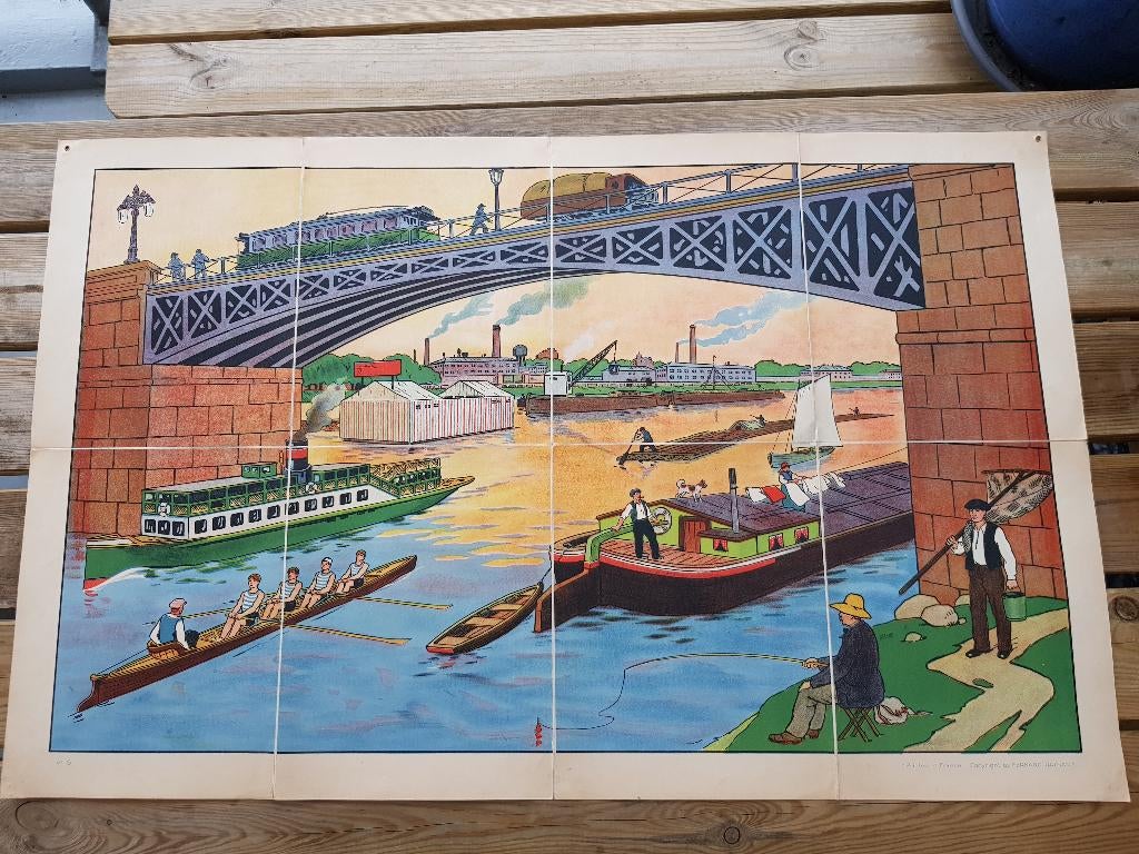Onder de brug oude schoolplaat uit Frankrijk litho op canvas