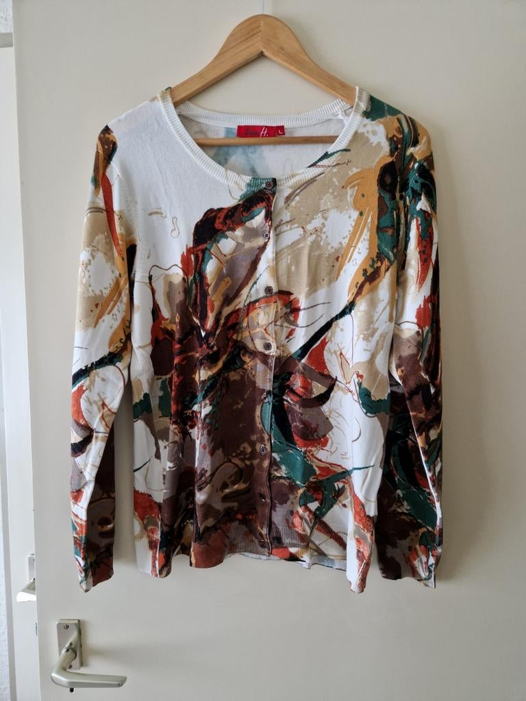 LEA H ECRU MET PRINT FIJN GEBREID VESTJE MET KNOOPJES MAAT L, Kleding | Dames, Beige, Nieuw, Ophalen of Verzenden, Maat 42/44 (L)