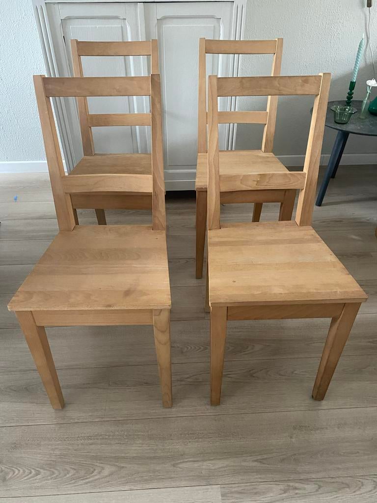 4 massief houten keuken-/eetkamerstoelen, Huis en Inrichting, Stoelen, Ophalen, Overige kleuren, Zo goed als nieuw, Vier