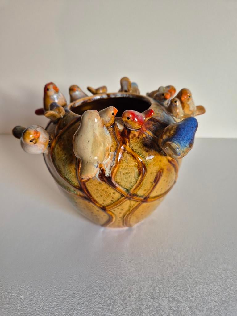 Unieke Keramieken Pot met Vogels - Handgemaakt Kunstwerk, Antiek en Kunst, Ophalen of Verzenden