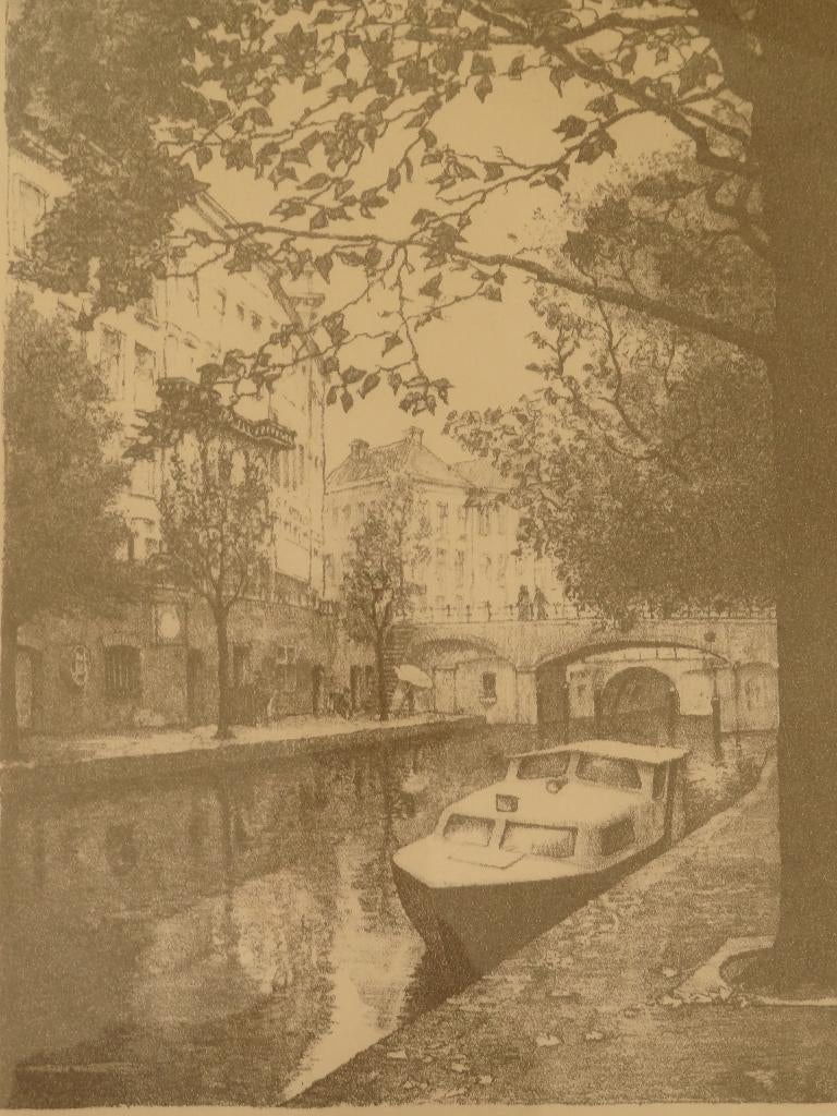 steendruk Oude Gracht met boot Utrecht monogram GP, 1983, Verzenden
