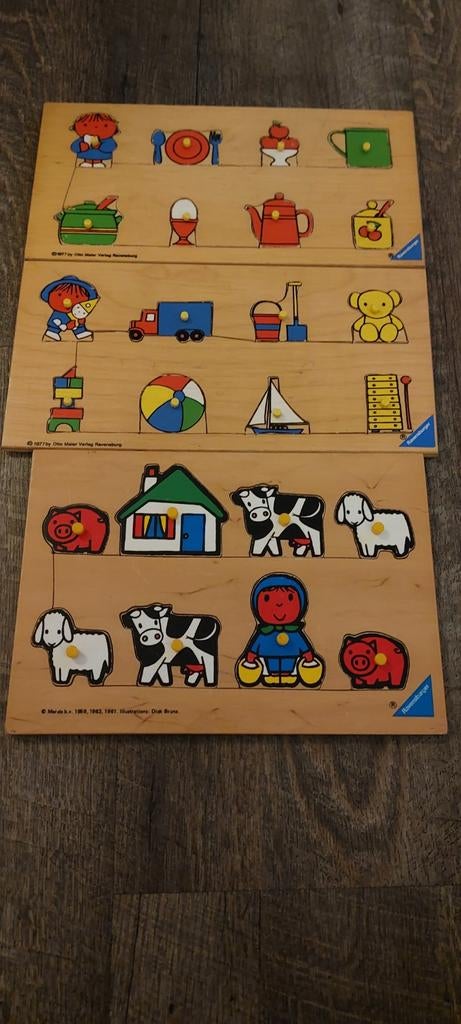 Drie Ravensburger Otto Maier puzzels puzzel 3x noppenpuzzel, Gebruikt, 10 tot 50 stukjes, Ophalen of Verzenden, Van hout