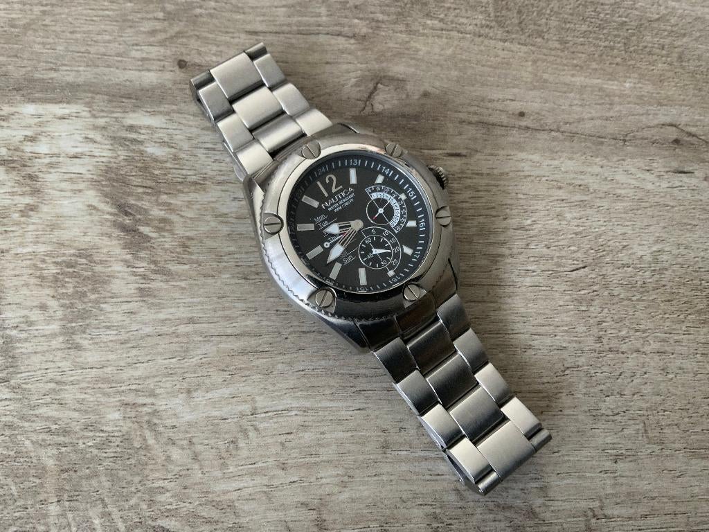 Nautica Chrono Watch A17536 Stalen band Waterproof Horloge, Ophalen of Verzenden, Zo goed als nieuw, Zwart, Android