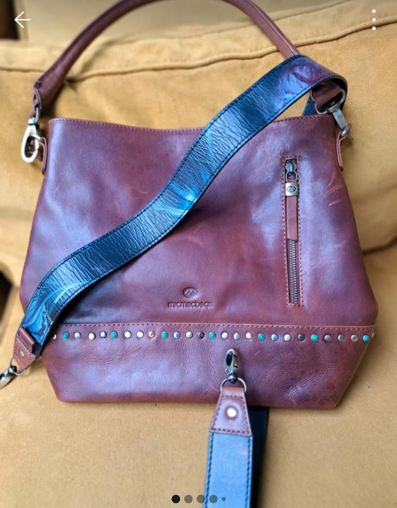 Micmacbags Leren Schoudertas met Studs - Bruin, Verzenden