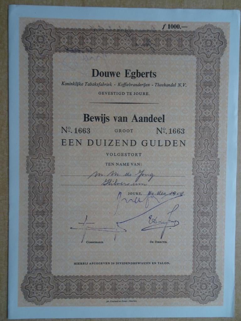 Aandeel 1000 gulden Douwe Egberts+ Dekoratieve Nota 1931, Postzegels en Munten, Aandelen en Waardepapieren, Ophalen of Verzenden