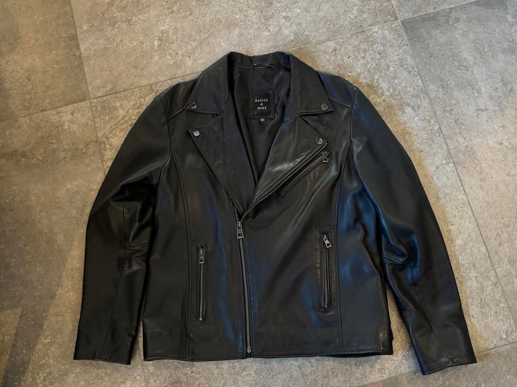 Basics en More leren biker jack jas, Ophalen of Verzenden, Zo goed als nieuw, Maat 56/58 (XL), Zwart