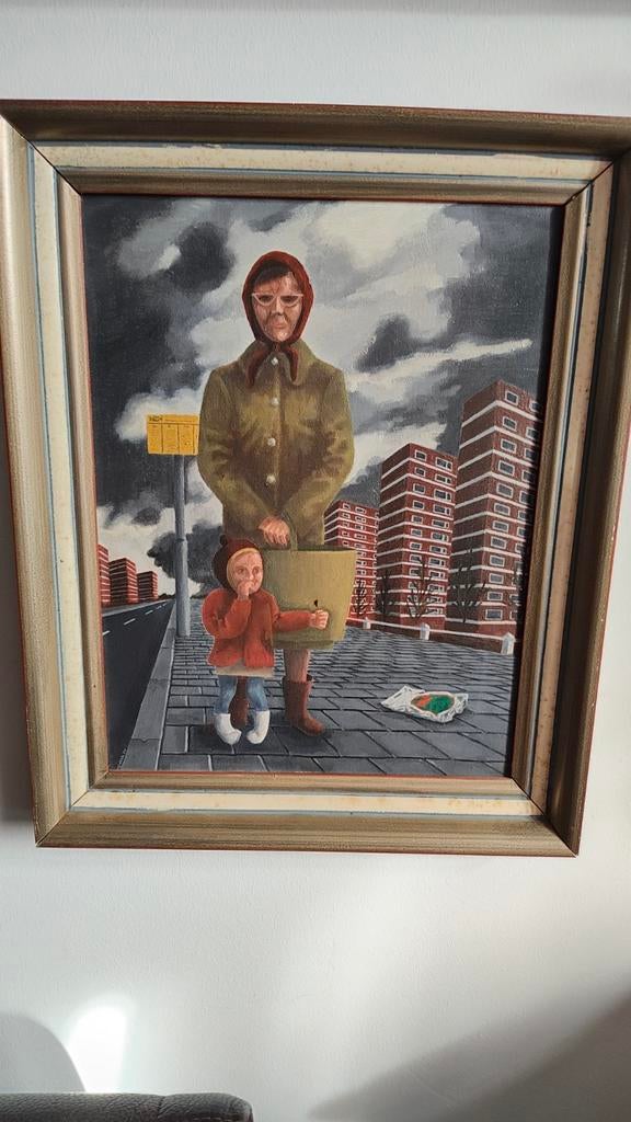 Realisme, vrouw met kind bij bushalte. Gesigneerd, 1975, Ophalen