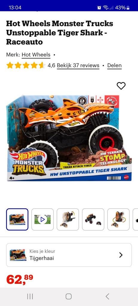 Hot Wheels Monster Truck Tiger Shark RC Raceauto, Elektro, Auto offroad, Ophalen of Verzenden, Zo goed als nieuw