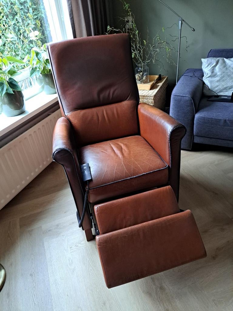 Bruine leren relaxfauteuil, Huis en Inrichting, Stoelen, Gebruikt, Eén, Leer, Bruin, Ophalen of Verzenden