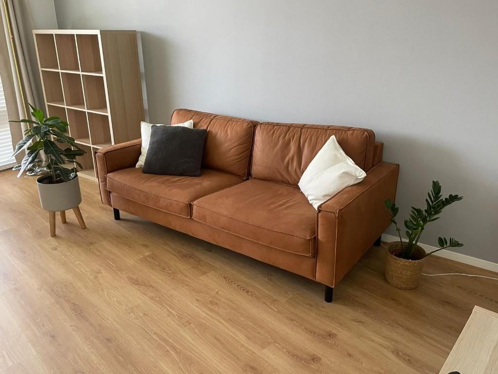 3-zits bank cognac, imitatie leer (suède), Ophalen, Overige materialen, Driepersoons, 75 tot 100 cm