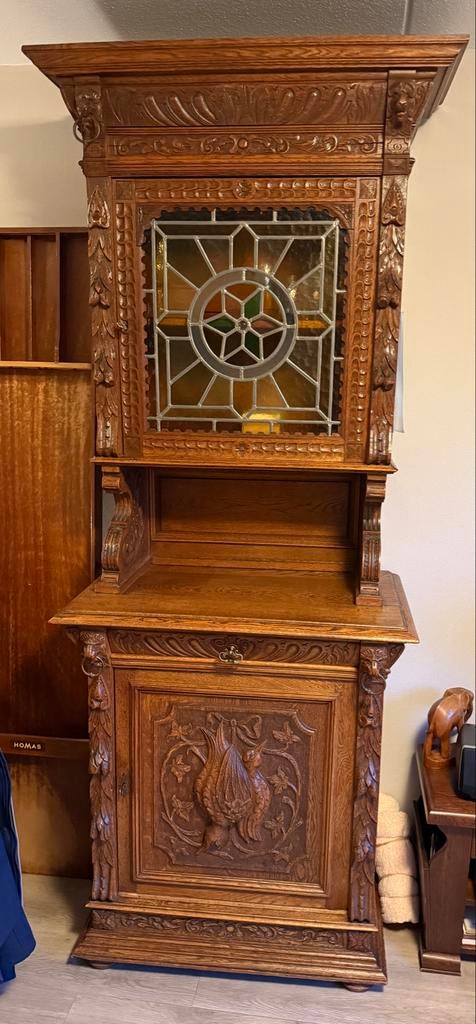 Antieke jachtkast met glas-in-lood, Ophalen of Verzenden