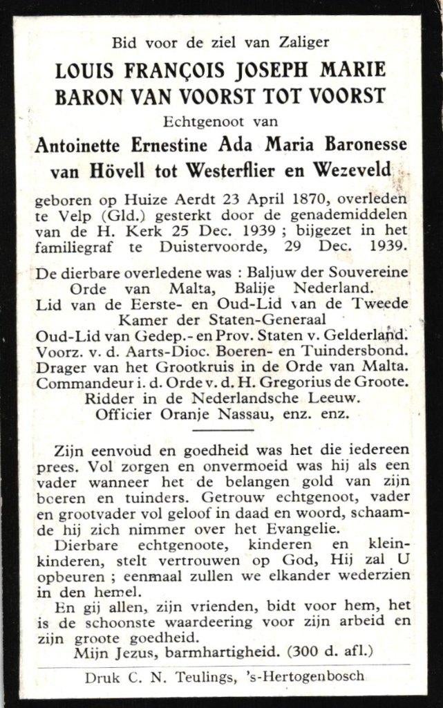 van Voorst tot Voorst Baron Herwen 1870-1939 Duivenvoorde, Ophalen of Verzenden