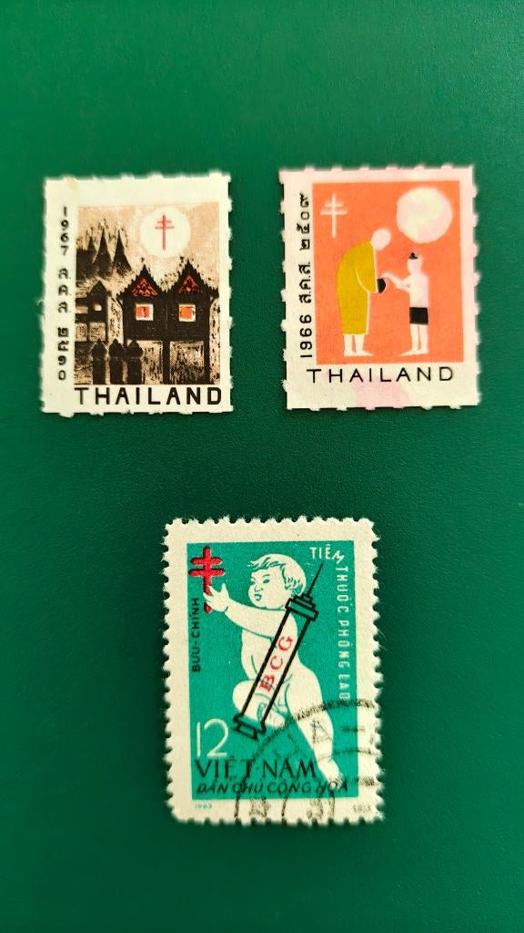 Thailand/Vietnam : 3x TBC sluitzegel jaren 60, Postzegels en Munten, Postzegels | Thematische zegels, Verzenden, Dier of Natuur