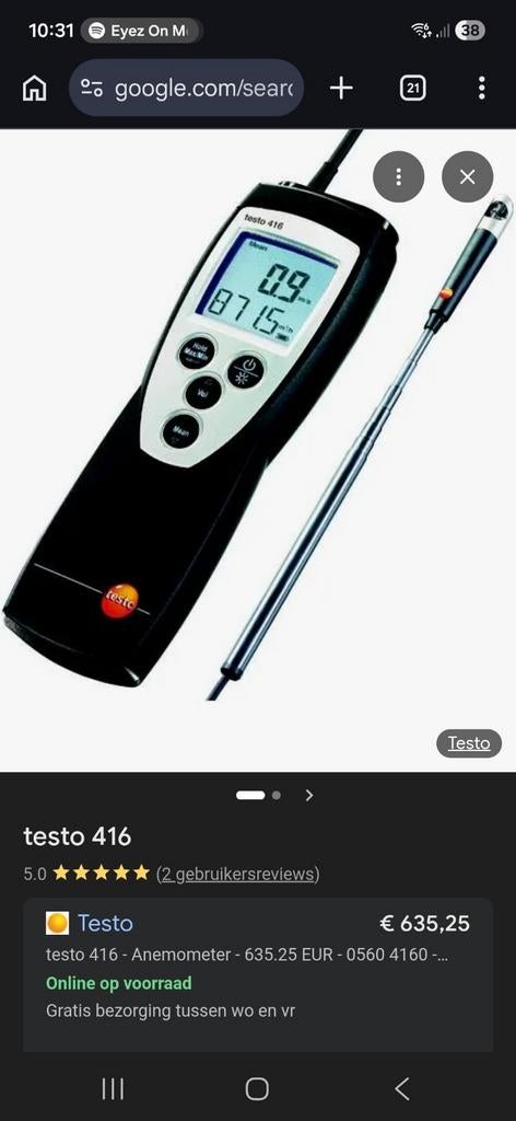 Testo 416 Luchtstroommeter - Vleugelrad Anemometer, Doe-het-zelf en Verbouw, Ophalen of Verzenden, Zo goed als nieuw, Overige meters