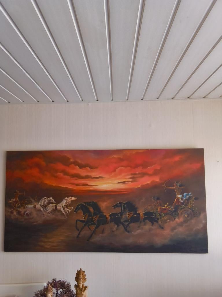 India schilderij Krishna Arjuna strijdwagen Hindoe legende, Antiek en Kunst, Kunst | Schilderijen | Abstract, Ophalen