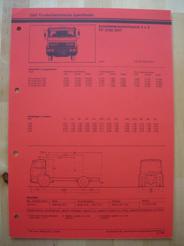 DAF FF 2100 DHT Technische Specificatie Folder 1982 – 4x2, Ophalen of Verzenden, Zo goed als nieuw, Overige merken, DAF