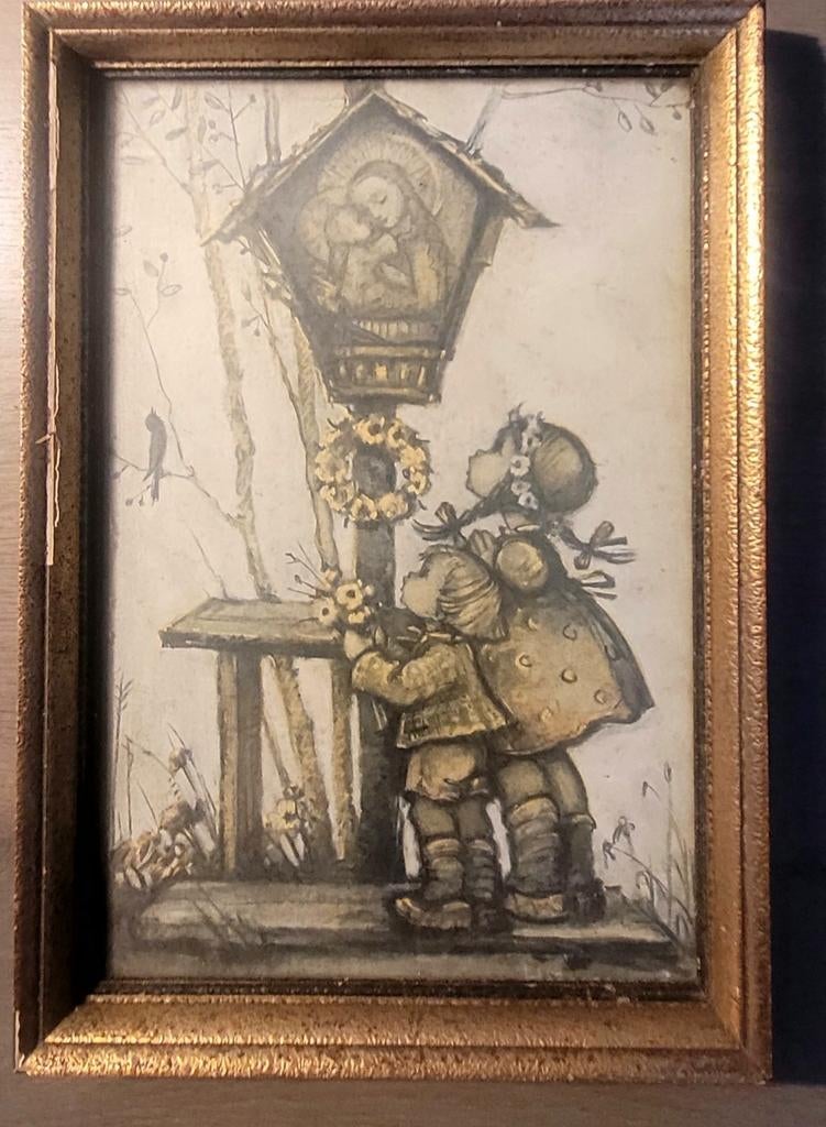 Vintage prent hummel met Kinderen en Kapelletje, Antiek en Kunst, Ophalen of Verzenden