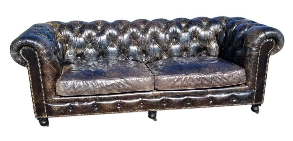 Industriële Chesterfield bank vintage zwart leer + BEZORGING