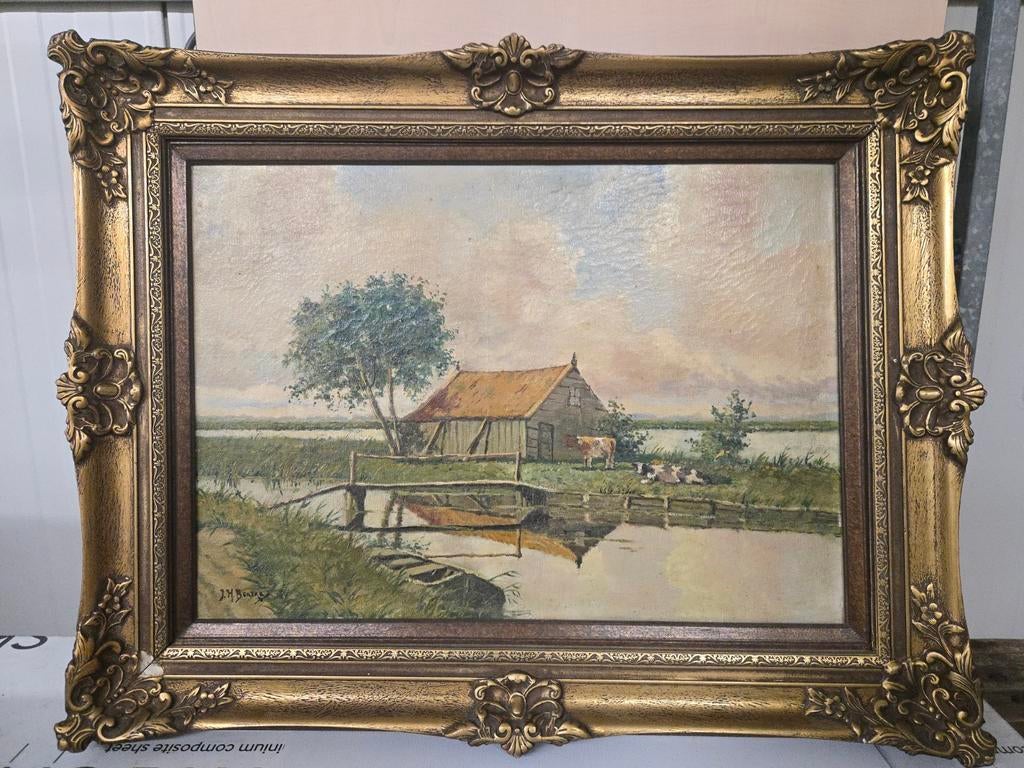 Schilderij van J.H. Bertkey: Boerderij aan het water, Antiek en Kunst, Ophalen