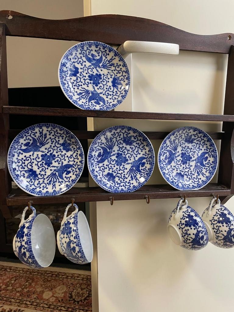 6 Blauwe sier kop en schotels met rekje, Ophalen of Verzenden