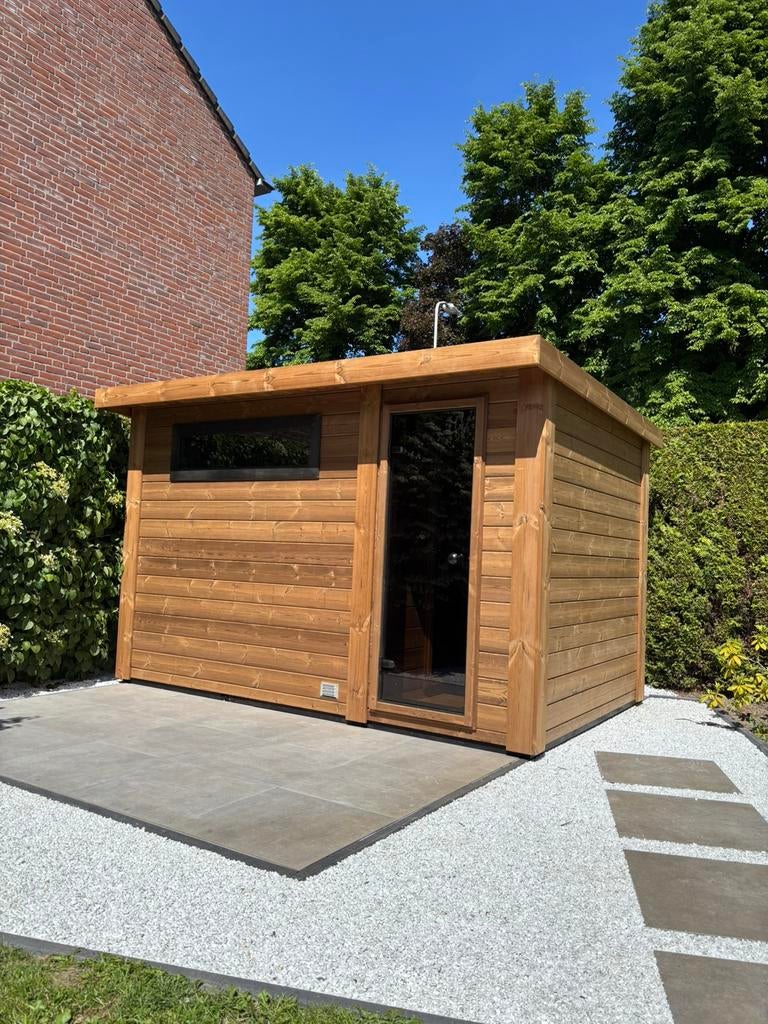 Thermowood buitensauna met voorruimte sauna tuinsauna, Ophalen of Verzenden, Nieuw, Fins of Traditioneel, Complete sauna