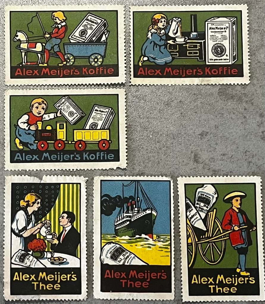 6 gelithografeerde sluitzegels Alex Meijer koffie Amsterdam, Verzamelen, Merken en Reclamevoorwerpen, Ophalen of Verzenden, Gebruikt