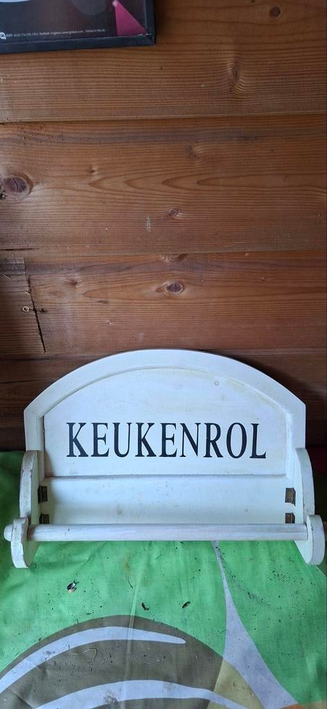 Vintage Keukenrolhouder - Hout, Wit met Zwarte Letters, Ophalen of Verzenden, Gebruikt