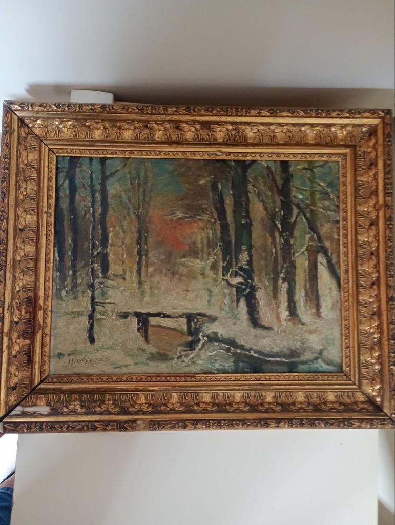 Schilderij H. van Weerd - Winterlandschap met beekje, Antiek en Kunst, Ophalen