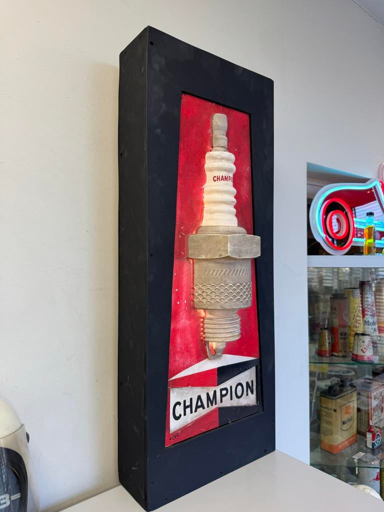 Vintage Champion Bougie Reclame Lichtbak - Garage Decoratie, Verzamelen, Ophalen, Gebruikt, ., Lichtbak of (neon) lamp