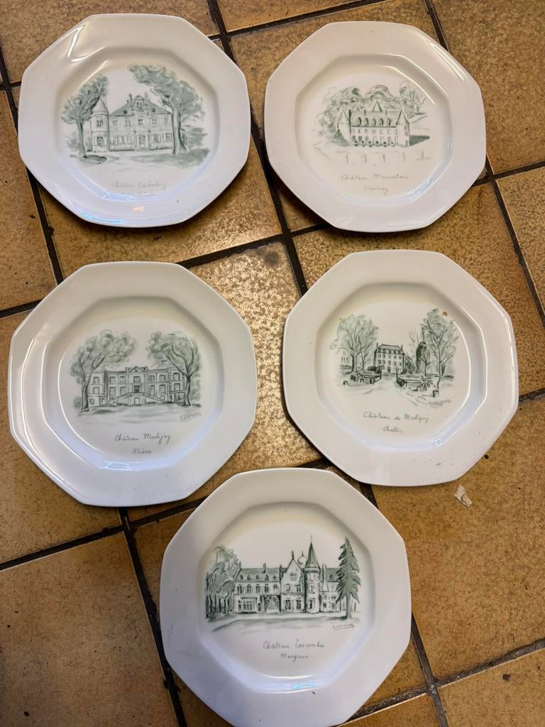 Set van 5 Limoges borden – Franse kastelen – elk bord uniek, Antiek en Kunst, Antiek | Servies los, Ophalen