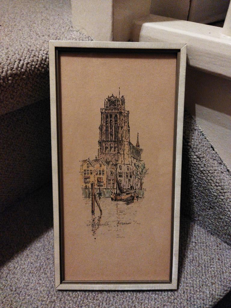 Ingelijste prent Dordrecht Grote Kerk, Ophalen of Verzenden