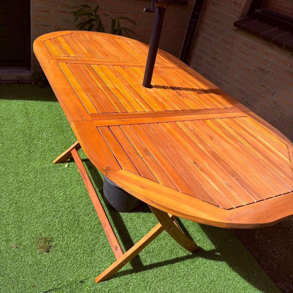 Teakhouten tuintafel inklapbaar met parasol, Ophalen, Zo goed als nieuw, Rechthoekig, Teakhout