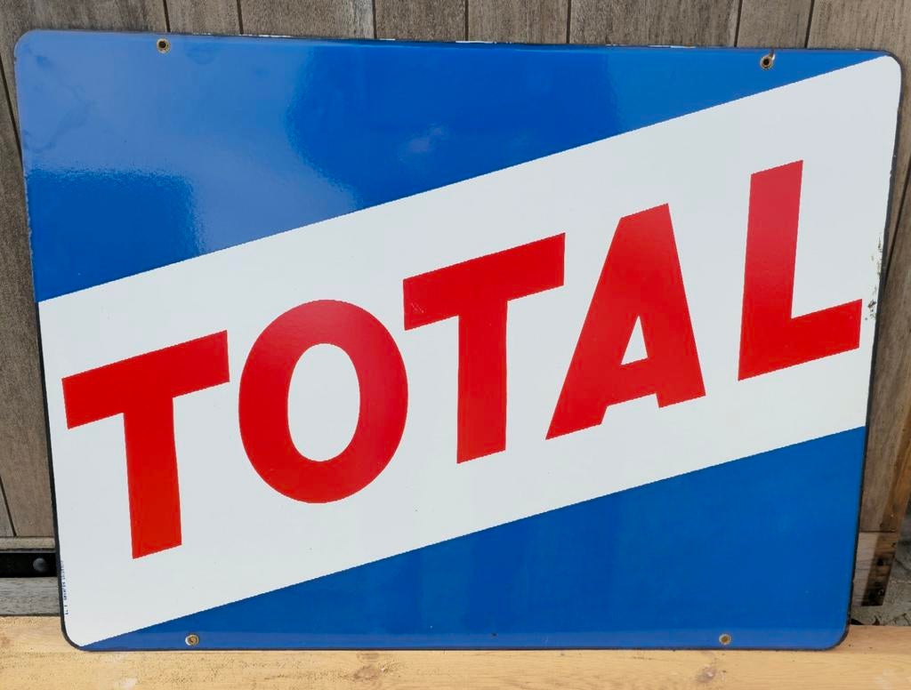 Groot dubbelzijdig emaille bord Total, Verzamelen, Ophalen, Gebruikt, Reclamebord