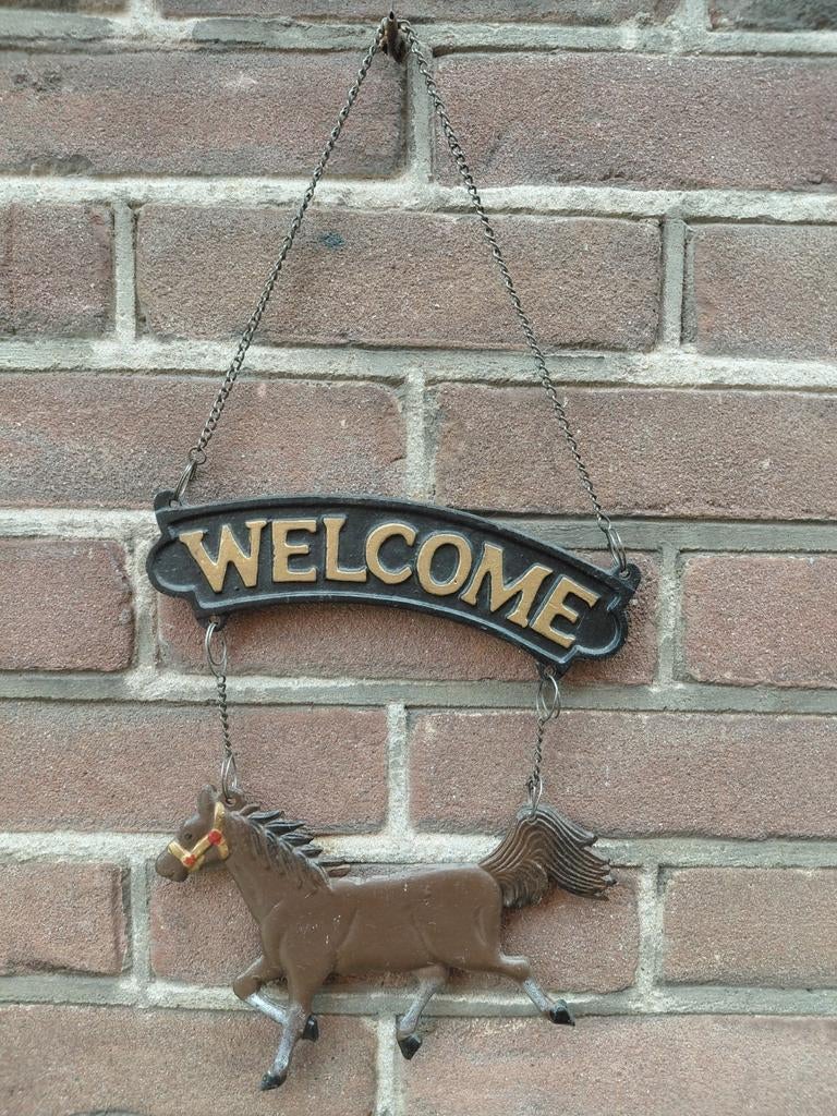 Welkomstbord met paard - Gietijzeren decoratie, Huis en Inrichting, Ophalen of Verzenden, Gebruikt